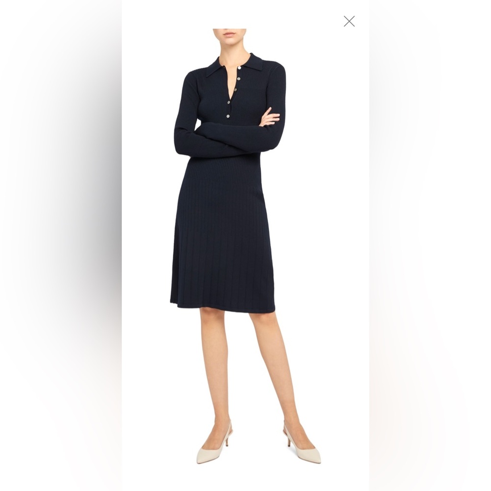NWT Theory Navy Long Sleeve Rib Knit Polo Dress in Navy, size S